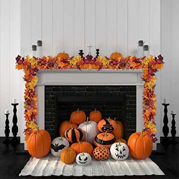 2 Pack Fall Leaves Garland Fall Decorations for Home Artificial Maple Leaf Halloween Garland Autumn Decor Hanging Vines for Fireplace Mantle Table Front Door Doorway Halloween Thanksgiving Decor