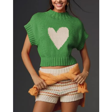 TAQCUX Cap Sleeve Sweater Tank Tops for Women Mock Neck Sweater Vest Cute Heart Knit Cropped Pullover Top(Green-S)