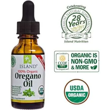 Island Nutrition, Oregano Oil Organic Liquid Drops - 100% Pure & Undiluted - USDA-Certified Organic (1 oz) 75% Carvacrol - Grown in Spain - Immune Support Supplement with Oil of Oregano.
