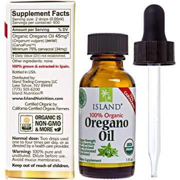 Island Nutrition, Oregano Oil Organic Liquid Drops - 100% Pure & Undiluted - USDA-Certified Organic (1 oz) 75% Carvacrol - Grown in Spain - Immune Support Supplement with Oil of Oregano.