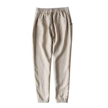 IXIMO Women's Tapered Pants 100% Linen Drawstring Back Elastic Waist Pants Trousers with Pockets (Kh...