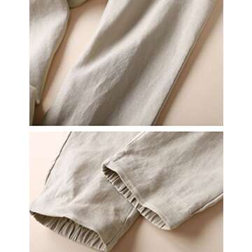 IXIMO Women's Tapered Pants 100% Linen Drawstring Back Elastic Waist Pants Trousers with Pockets (Khaki, S)