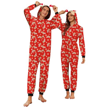 Ekouaer Christmas Matching Onesie for Couples Elk Antler Hooded Zipper Long Sleeve Pajamas with Pock...