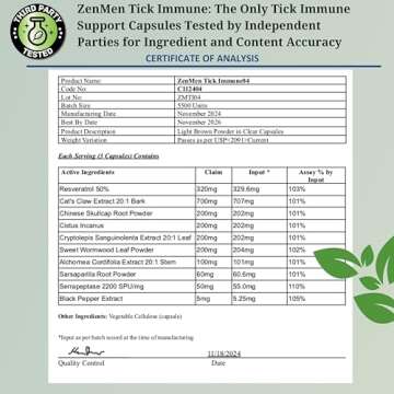 Zenmen Tick Immune Support Supplement - Improved Formula - Japanese Knotweed, Cat's Claw, Chinese Skullcap, Cryptolepis Sanguinolenta, Sweet Wormwood - 90 Vegan Capsules, Made in The USA