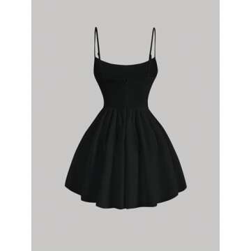 SHENHE Women's Ruched Corset Dress Spaghetti Strap Fit and Flare Flowy Skater Mini Cami Dress Black ...