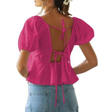 Remidoo Women's Puff Short Sleeve Tie Back V Neck Ruffle Hem Peplum Crop Top Blouse Hot Pink Medium
