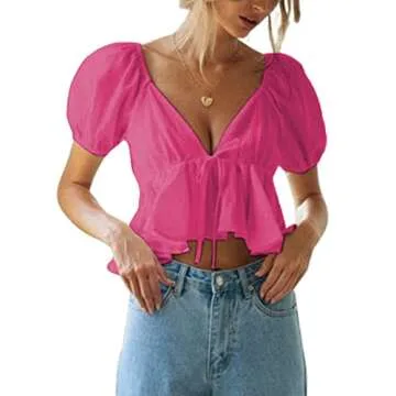 Remidoo Women's Puff Short Sleeve Tie Back V Neck Ruffle Hem Peplum Crop Top Blouse Hot Pink Medium