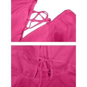 Remidoo Women's Puff Short Sleeve Tie Back V Neck Ruffle Hem Peplum Crop Top Blouse Hot Pink Medium