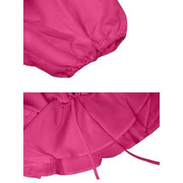 Remidoo Women's Puff Short Sleeve Tie Back V Neck Ruffle Hem Peplum Crop Top Blouse Hot Pink Medium