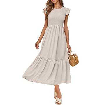 OFEEFAN Long Maxi Dresses for Women Casual Flutter Sleeve Dress Ruffle Dress Travel Outfits Beige L