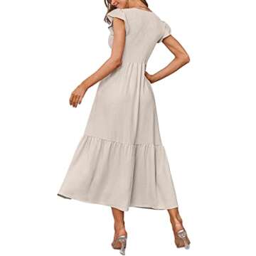 OFEEFAN Long Maxi Dresses for Women Casual Flutter Sleeve Dress Ruffle Dress Travel Outfits Beige L