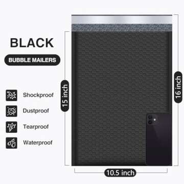UCGOU Bubble Mailers 10.5x16 Inch Black 25 Pack Poly Padded Envelopes Large #5 Mailing Packages Opaq...