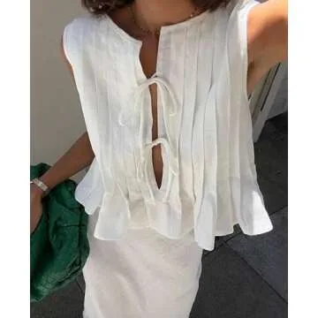 Linen Tank Tops for Women Coquette Sleeveless Bow Tie Front Peplum Blouse Y2K Babydoll Ruffle Shirt Going Out Summer (Beige,Small)