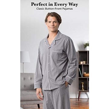 PajamaGram Classic Men's Cotton Pajamas Set - XL Charcoal Stripe Comfort