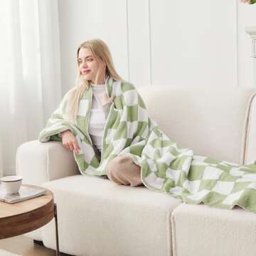 Super Soft Luxurious Warm Checkered Throw Blanket - Reversible for Couch, Bed, Sofa - 50x60 Inches - Green and White