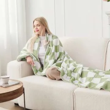 Super Soft Luxurious Warm Checkered Throw Blanket - Reversible for Couch, Bed, Sofa - 50x60 Inches - Green and White