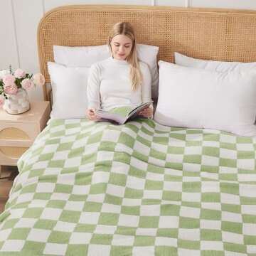 Super Soft Luxurious Warm Checkered Throw Blanket - Reversible for Couch, Bed, Sofa - 50x60 Inches - Green and White