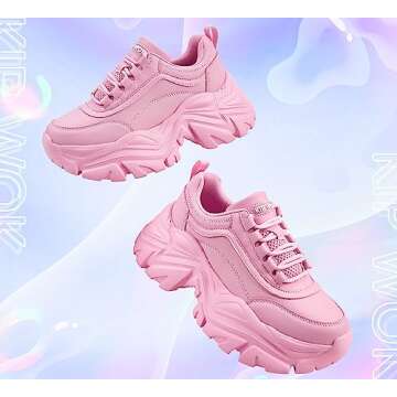 K KIP WOK Chunky Sneakers for Women Fashion Platform White Leather Casual Dad Shoes Comfortable Wedge Walking Sport Sneakers(Pink,8)