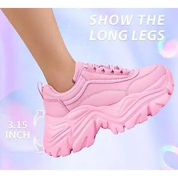 K KIP WOK Chunky Sneakers for Women Fashion Platform White Leather Casual Dad Shoes Comfortable Wedge Walking Sport Sneakers(Pink,8)