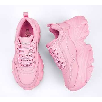 K KIP WOK Chunky Sneakers for Women Fashion Platform White Leather Casual Dad Shoes Comfortable Wedge Walking Sport Sneakers(Pink,8)