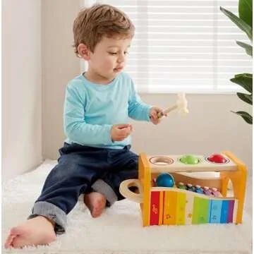 Hape Pound, Tap, & Shake! Music Set - Award Winning Wooden Pounding Bench, Baby Xylophone, and Tap Along Tambourine - Developmental, Non-Toxic, Montessori Musical Toys for Toddlers 1-4 Years Old