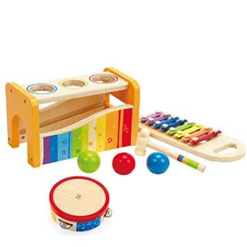 Hape Pound, Tap, & Shake! Music Set - Award Winning Wooden Pounding Bench, Baby Xylophone, and Tap Along Tambourine - Developmental, Non-Toxic, Montessori Musical Toys for Toddlers 1-4 Years Old