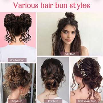 HOOJIH Messy Bun Hair Piece, 2PCS Tousled Updo with Tendrils Hair Bun Extensions Wavy Curly Hair Wrap Ponytail Hairpieces Thick Hair Scrunchies for Women HB010 Dasiy - Warm Gray With Brown mixed
