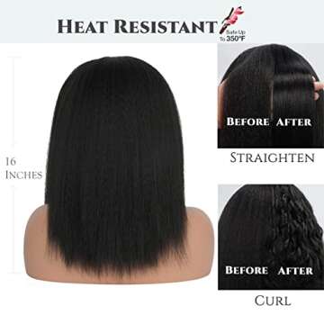 Aminow Kinky Straight Headband Wig, Soft & Natural as Human Hair, Glueless Headband Wigs for Black Women, Long Black Italian Yaki Synthetic Half Wig (1B Natural Black, 16 Inch)