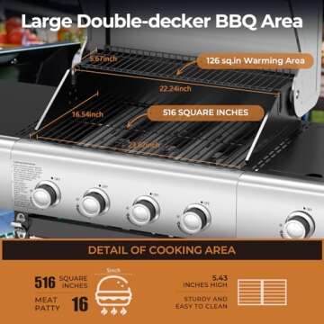 R.W.FLAME 4-Burner Propane Gas Grill,BBQ Grill with Side Burner,53,000 BTU Stainless Steel Cabinet Style Propane Grill with Temperature Display,516 sq.in Grilling Areas,Silver