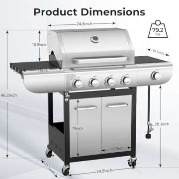 R.W.FLAME 4-Burner Propane Gas Grill,BBQ Grill with Side Burner,53,000 BTU Stainless Steel Cabinet Style Propane Grill with Temperature Display,516 sq.in Grilling Areas,Silver