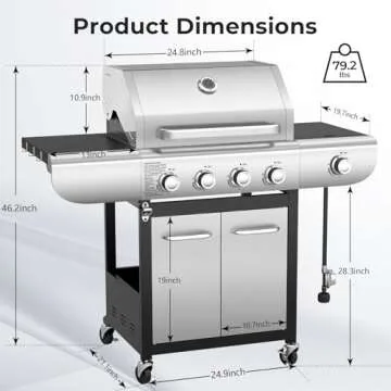 R.W.FLAME 4-Burner Propane Gas Grill,BBQ Grill with Side Burner,53,000 BTU Stainless Steel Cabinet Style Propane Grill with Temperature Display,516 sq.in Grilling Areas,Silver