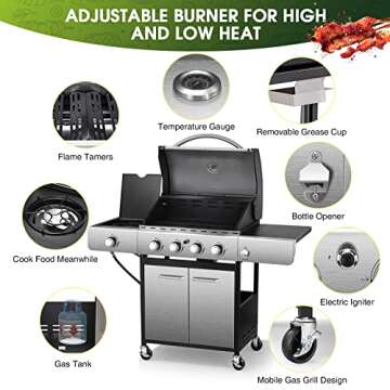 R.W.FLAME 4-Burner Propane Gas Grill,BBQ Grill with Side Burner,53,000 BTU Stainless Steel Cabinet Style Propane Grill with Temperature Display,516 sq.in Grilling Areas,Silver
