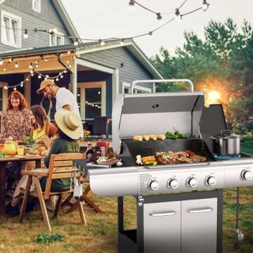 R.W.FLAME 4-Burner Propane Gas Grill,BBQ Grill with Side Burner,53,000 BTU Stainless Steel Cabinet Style Propane Grill with Temperature Display,516 sq.in Grilling Areas,Silver
