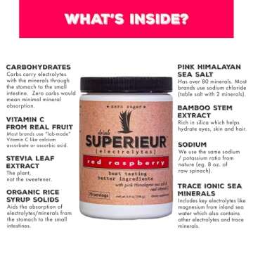Superieur Electrolytes – Plant Based Electrolyte Supplement w/Sea Minerals for Hydration & Recovery – Keto Friendly, Non-GMO, Zero Sugar, Vegan Healthy Sports Drink Powder – Raspberry (70 Servings)