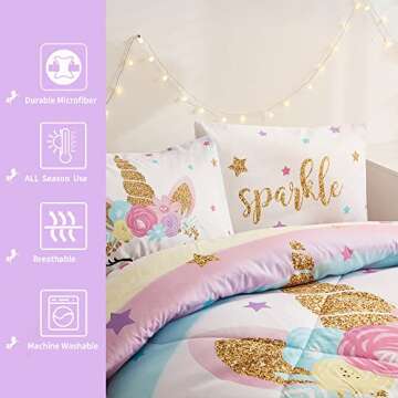 Cokouchyi Twin Size Comforter Set for Girls - Enchanting Unicorn Bedding in Pink & Rainbow Colors