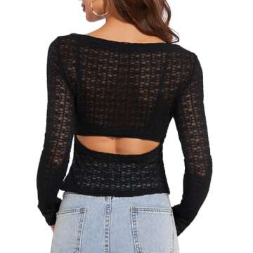 Women Long Sleeve Stretchy Mesh Top Slim Crop Shirt Y2k Lace T Shirts Black S