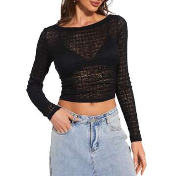 Women Long Sleeve Stretchy Mesh Top Slim Crop Shirt Y2k Lace T Shirts Black S