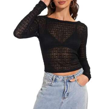 Women Long Sleeve Stretchy Mesh Top Slim Crop Shirt Y2k Lace T Shirts Black S