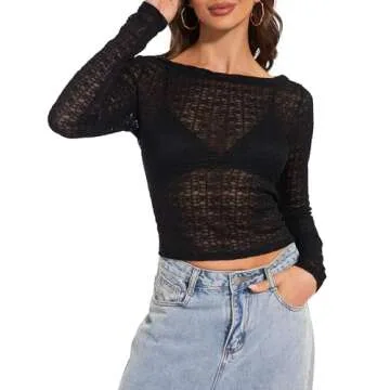 Women Long Sleeve Stretchy Mesh Top Slim Crop Shirt Y2k Lace T Shirts Black S