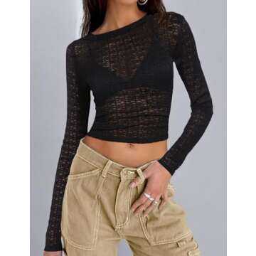 Women Long Sleeve Stretchy Mesh Top Slim Crop Shirt Y2k Lace T Shirts Black S