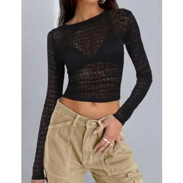 Women Long Sleeve Stretchy Mesh Top Slim Crop Shirt Y2k Lace T Shirts Black S