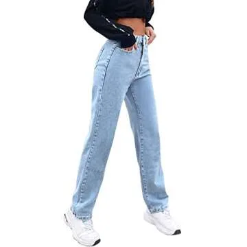 SweatyRocks Women's Casual High Waisted Straight Leg Boyfriend Jeans Denim Pants Light Wash S