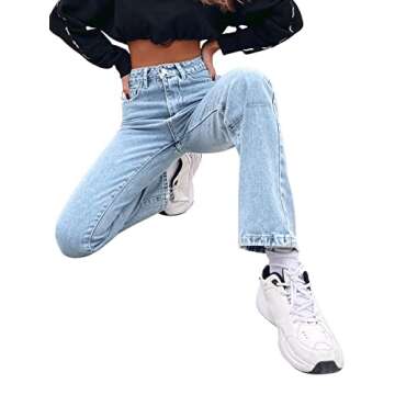 SweatyRocks Women's Casual High Waisted Straight Leg Boyfriend Jeans Denim Pants Light Wash S