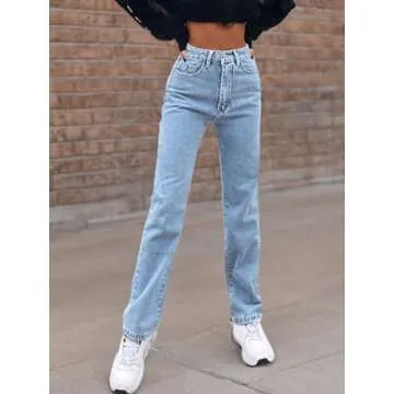 SweatyRocks Women's Casual High Waisted Straight Leg Boyfriend Jeans Denim Pants Light Wash S