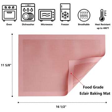 Perforated Baking Mats, 2 PCS Pink Eclair Silicone Mat for Half Sheet, Non-Stick Reusable Oven Liner...