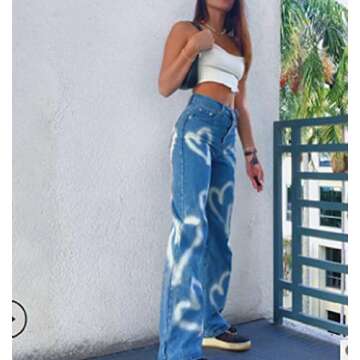 Fashion Women High Waisted Pants Wide Leg Straight Loose Denim Jeans Casual Baggy Trousers Y2K E-Girl Streetwear (Blue, XL)