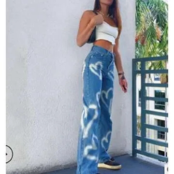 Fashion Women High Waisted Pants Wide Leg Straight Loose Denim Jeans Casual Baggy Trousers Y2K E-Girl Streetwear (Blue, XL)