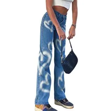 Fashion Women High Waisted Pants Wide Leg Straight Loose Denim Jeans Casual Baggy Trousers Y2K E-Girl Streetwear (Blue, XL)