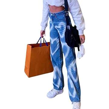 Fashion Women High Waisted Pants Wide Leg Straight Loose Denim Jeans Casual Baggy Trousers Y2K E-Girl Streetwear (Blue, XL)