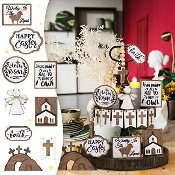Amyhill 17 Pcs He is Risen Tiered Tray Decor Wooden Religious Christmas Decoration Jesus Tomb Tray Bundle Decor Farmhouse Rustic Christian Easter Tiered Tray Sign Items Easter Decor for Home